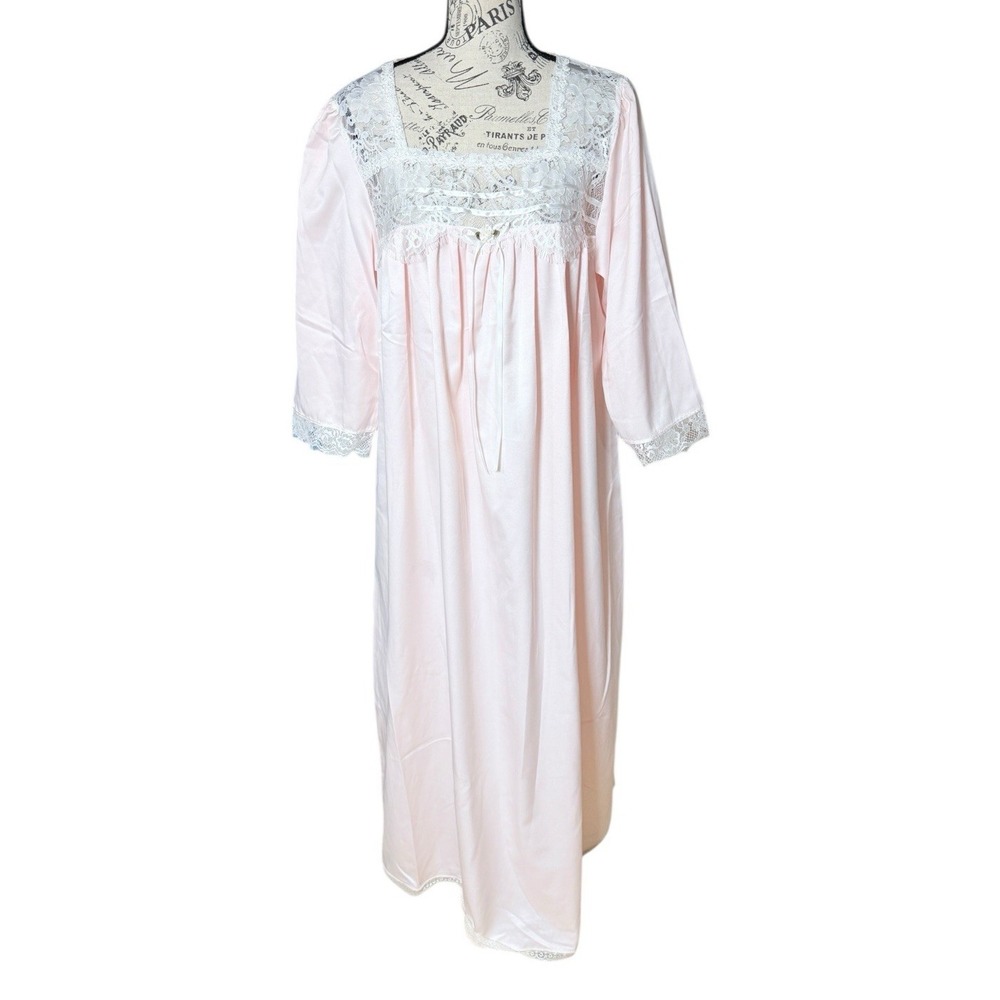 Vtg‎ Kassatly Lace Maxi Nightgown Pink Sheen Large Modest Cottage Grannycore